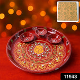 Hand-painted Decorative Pooja Thali With Ganesha Motif And Diyas